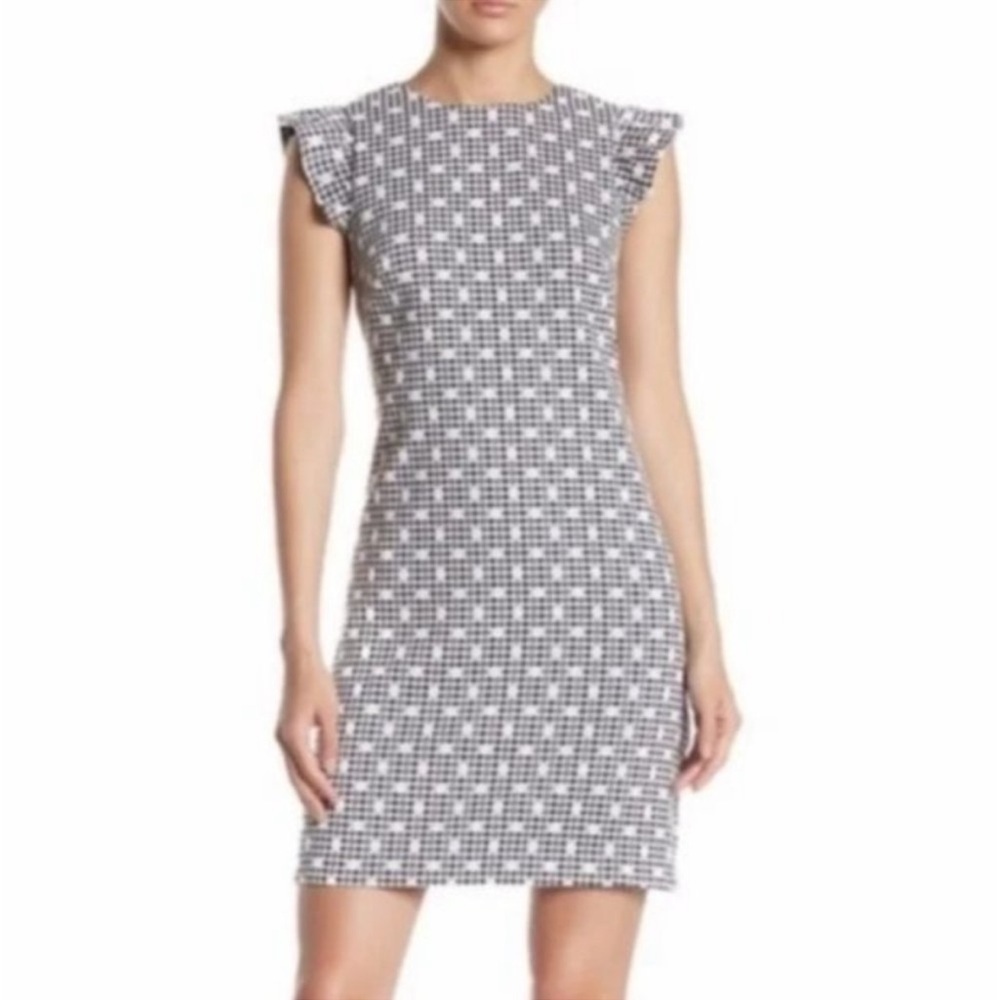 Eliza J Gingham Dot Ruffle Sleeveless Shift Mini Dress